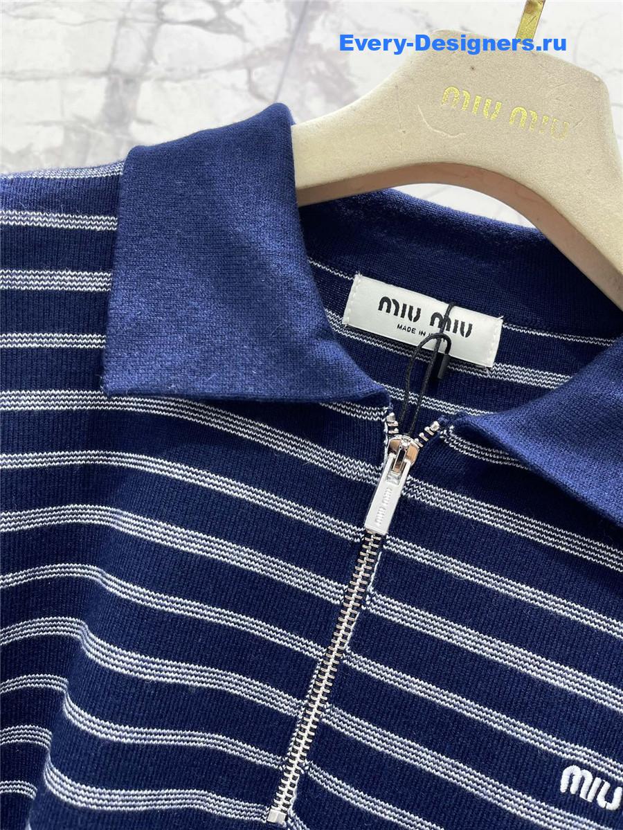 Miu Miu Blue White Striped Zipper Polo Shirt