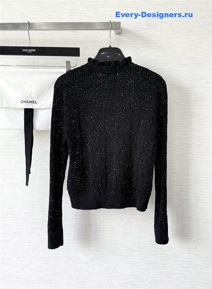 Ch**el black wool sequin hollow knit cardigan