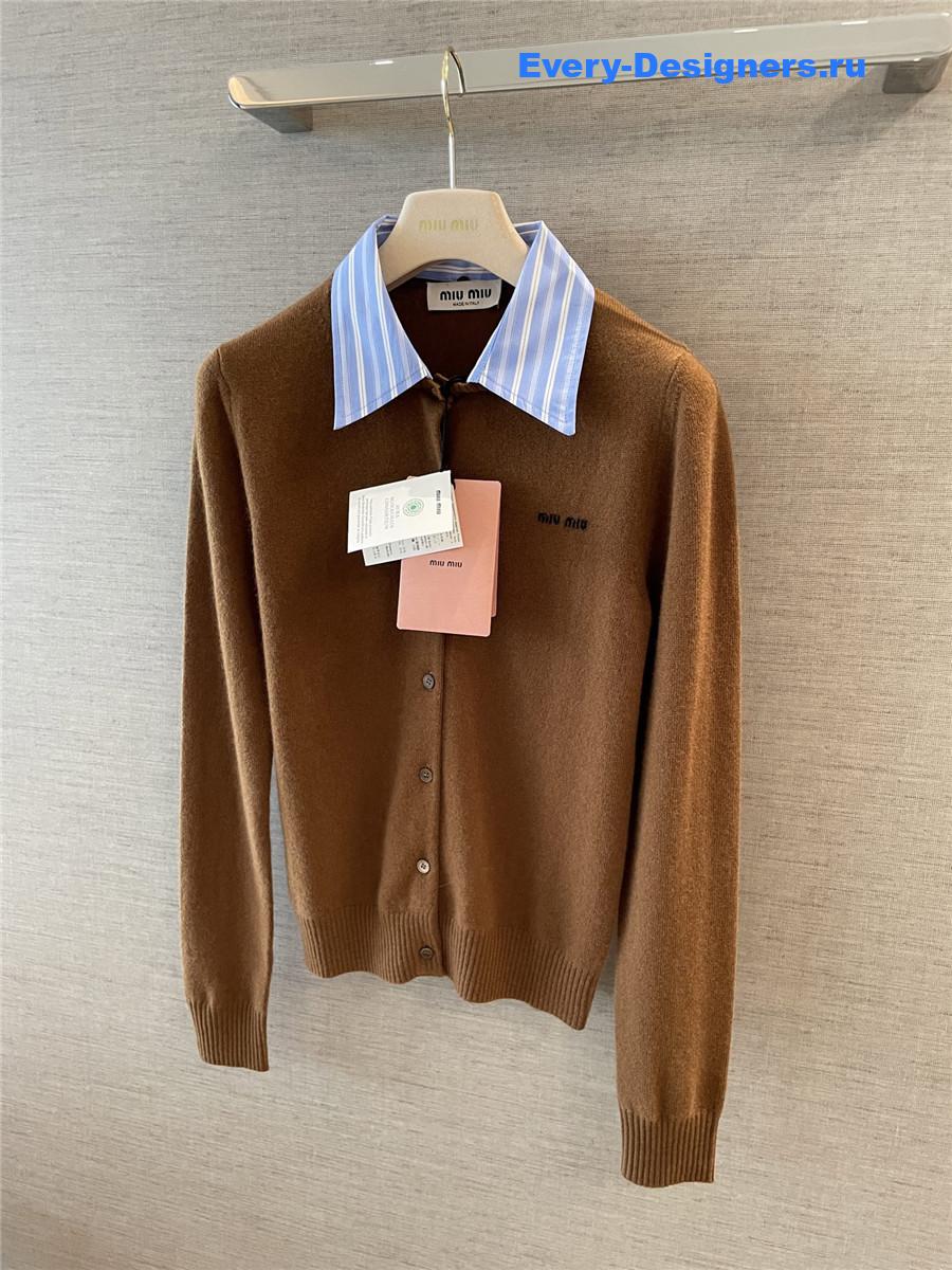 Miu Miu Logo Intarsia Brown Cardigan