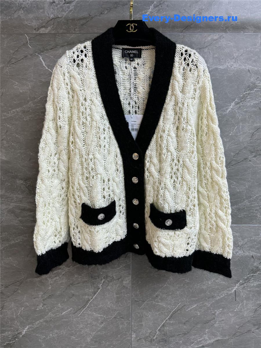 Ch**el v-neck black & beige hollow cardigan