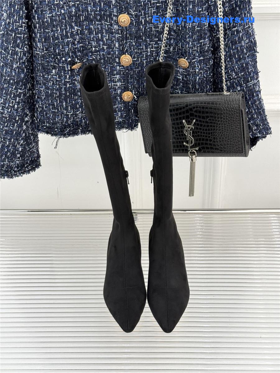 The R0w black suede pointy toe knee-high boots
