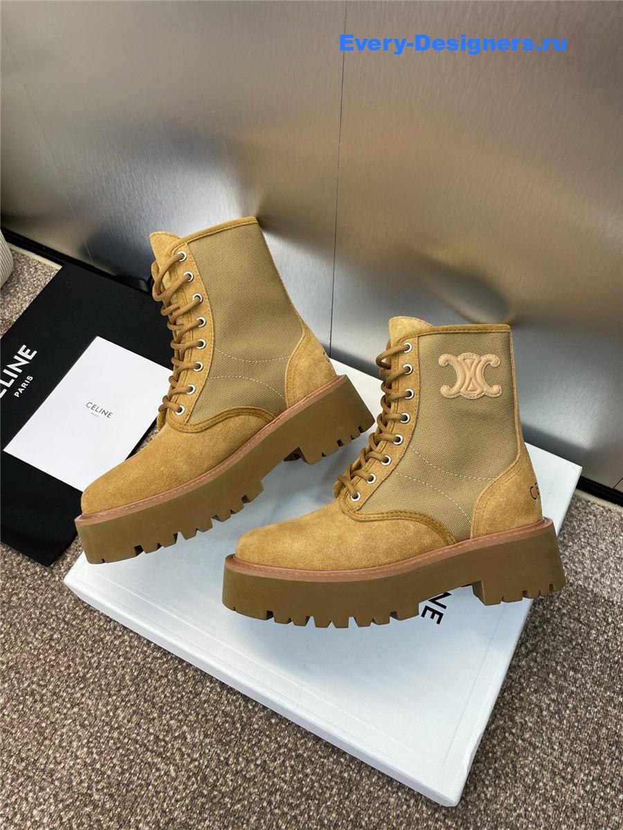 Ce1i*e bulky lace-up beige canvas & calfskin boot