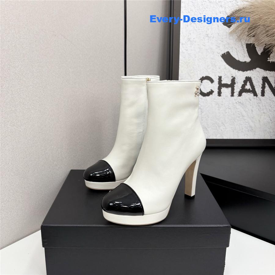 Ch**el lambskin cap toe high heel boots white