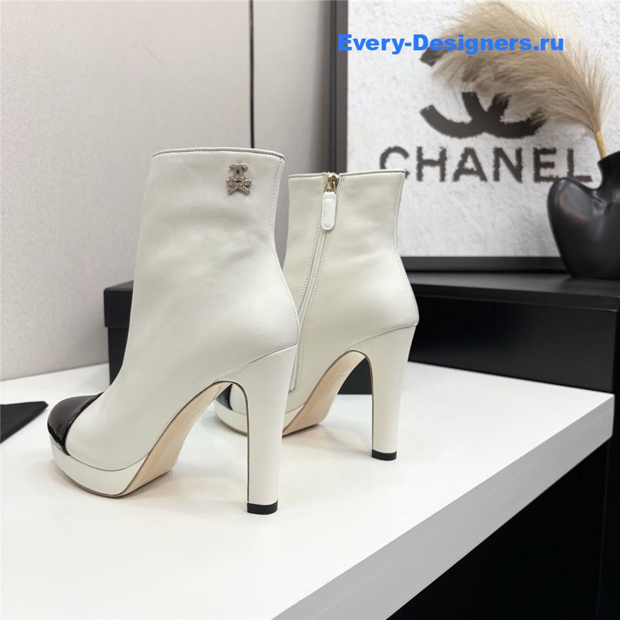 Ch**el lambskin cap toe high heel boots white