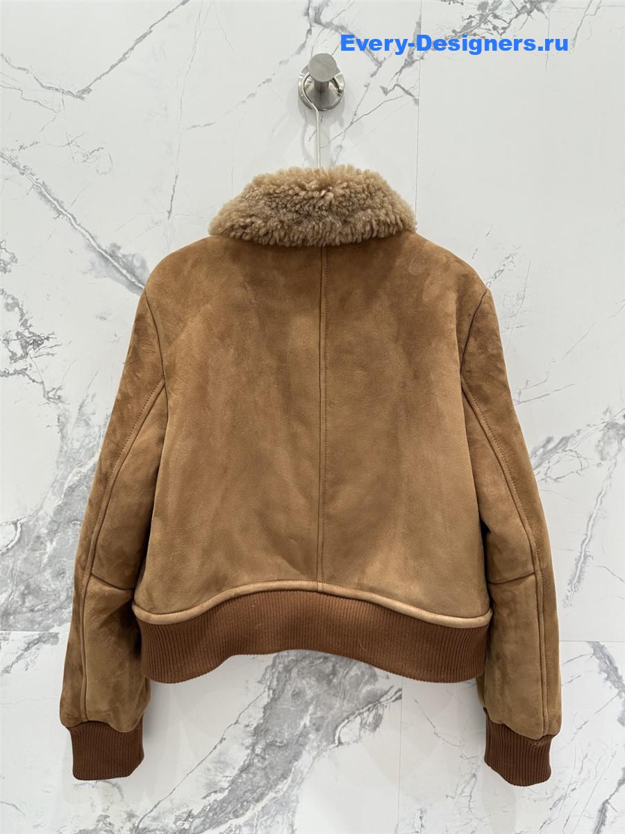 Miu Miu Brown Shearling-Trimmed Cropped Suede Jacket
