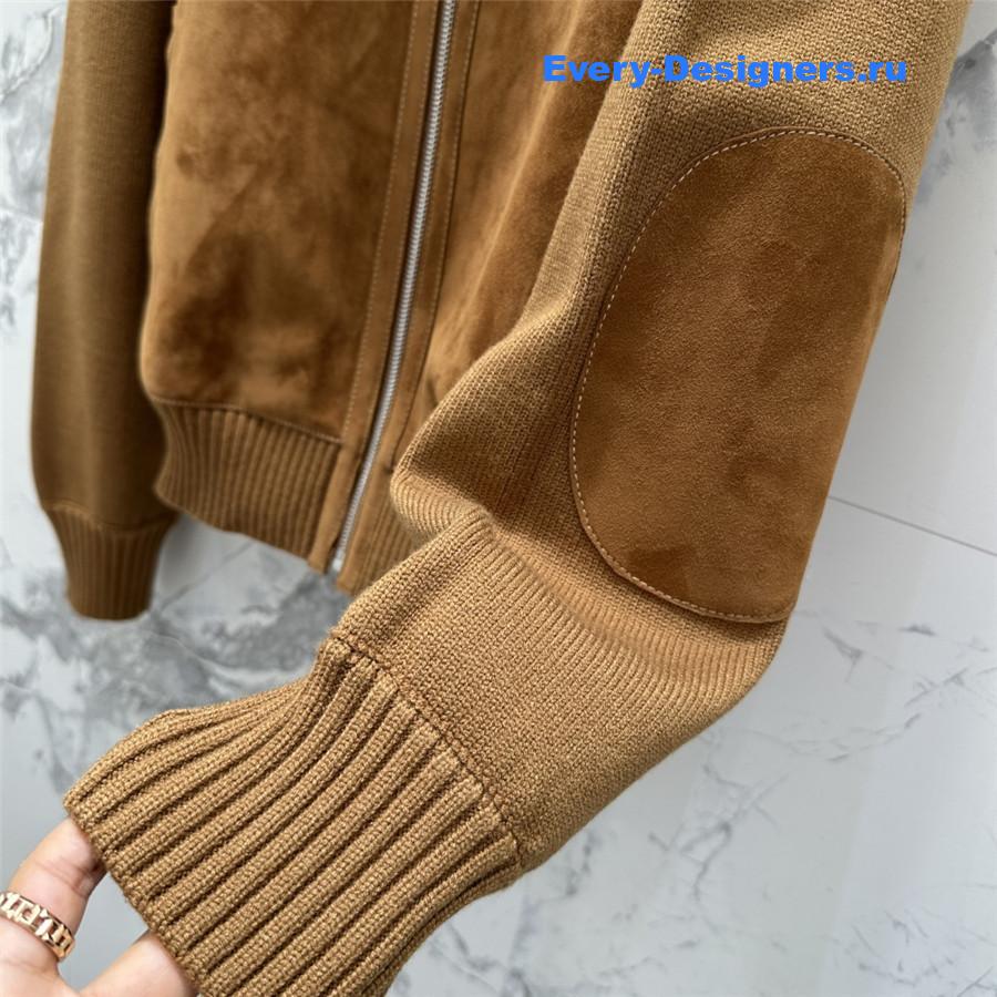 Miu Miu Beige Suede-Insert Ribbed Cardigan