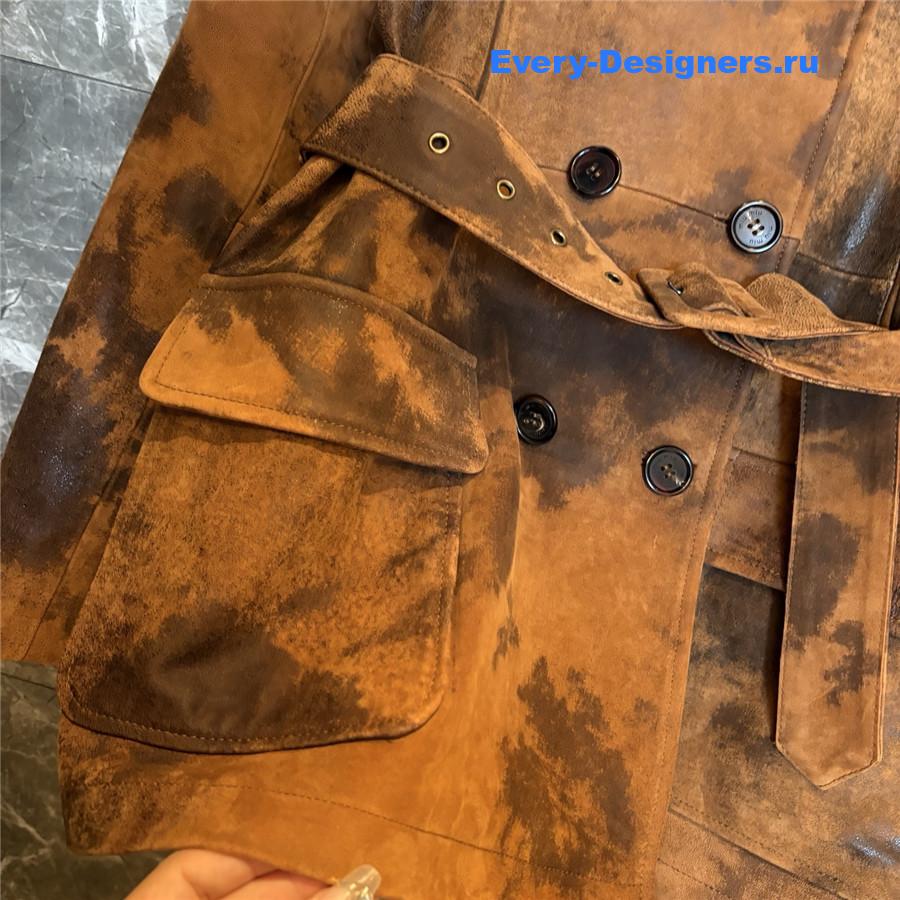 Miu Miu Cognac Double-breasted Waxed Suede Caban Jacket