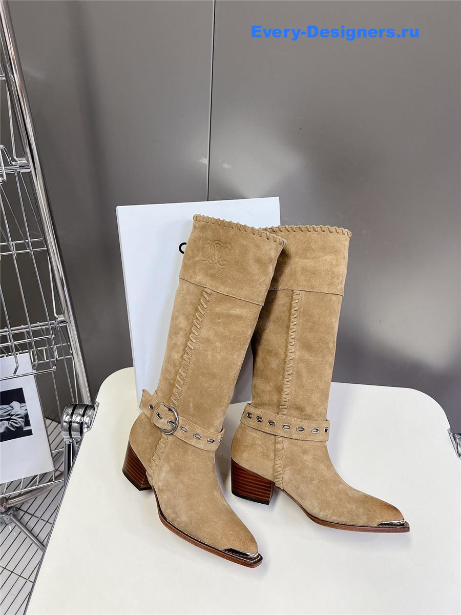 Ce1i*e pointed toe knee high beige cowboy boots