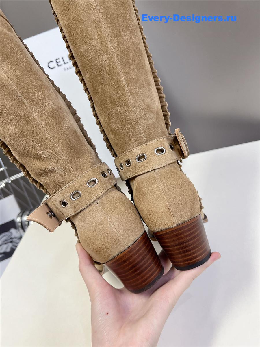 Ce1i*e pointed toe knee high beige cowboy boots