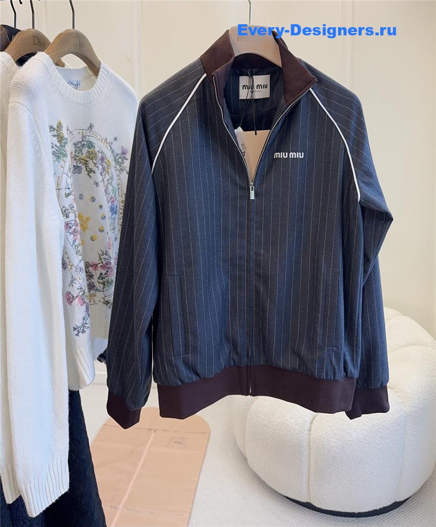 Miu Miu Slate Gray Pinstriped Zipper Blouson