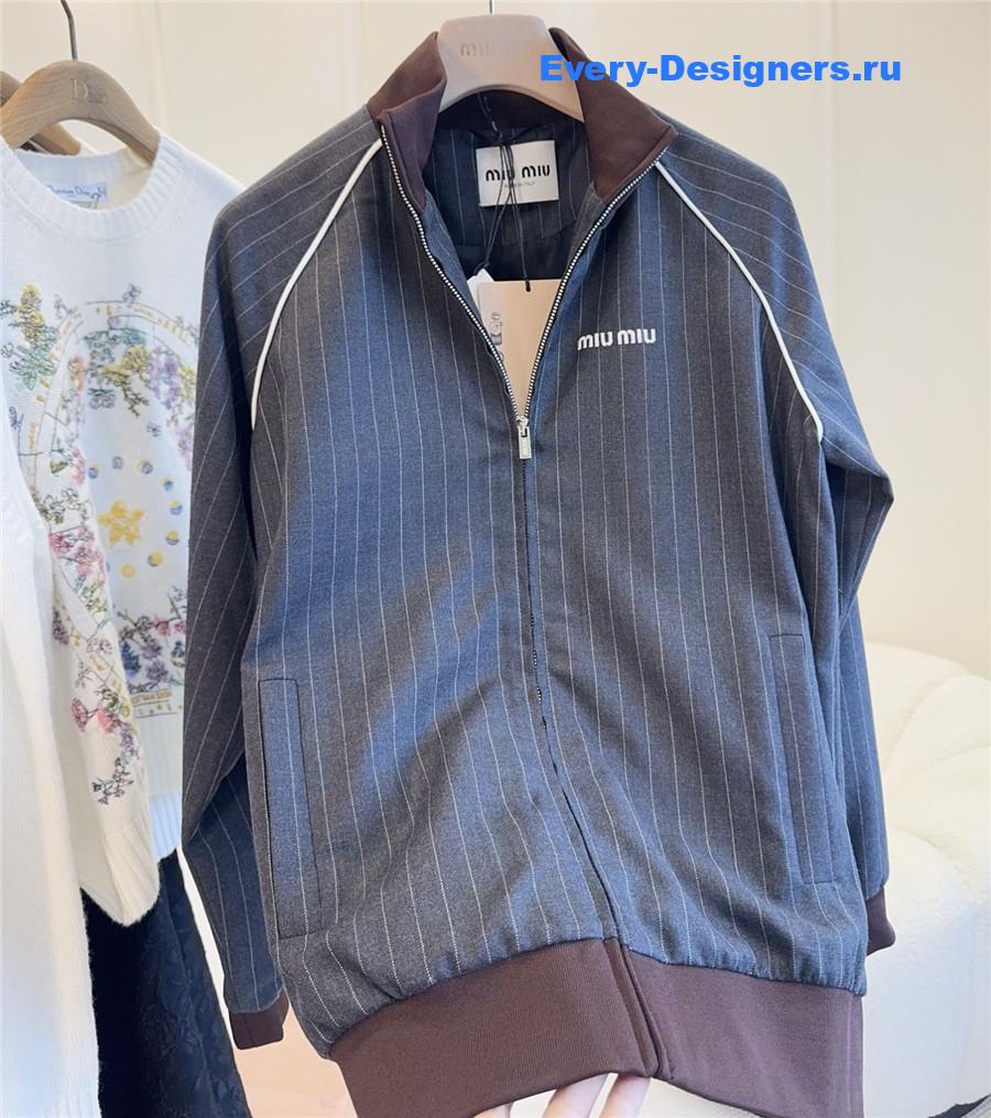 Miu Miu Slate Gray Pinstriped Zipper Blouson