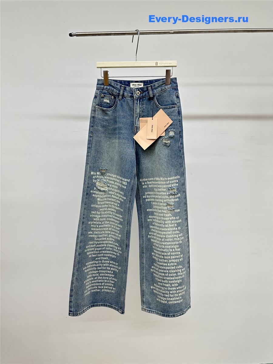 Miu Miu Blue Lettering Ripped Jeans