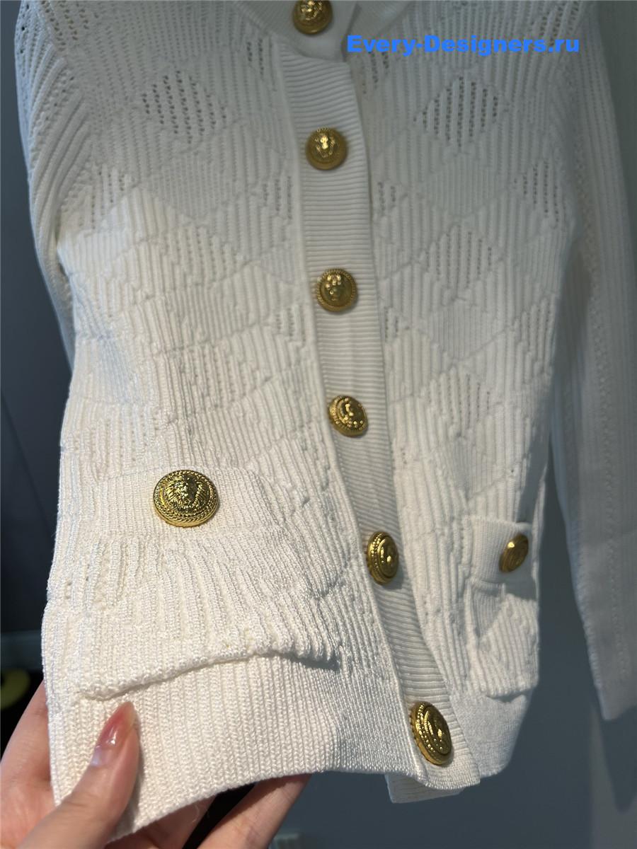 Balmain White Pointelle Ribbed-knit Cardigan