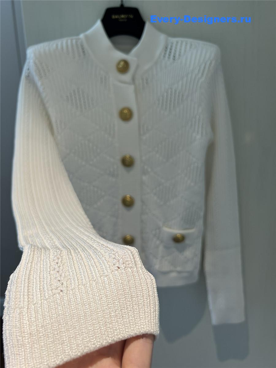 Balmain White Pointelle Ribbed-knit Cardigan