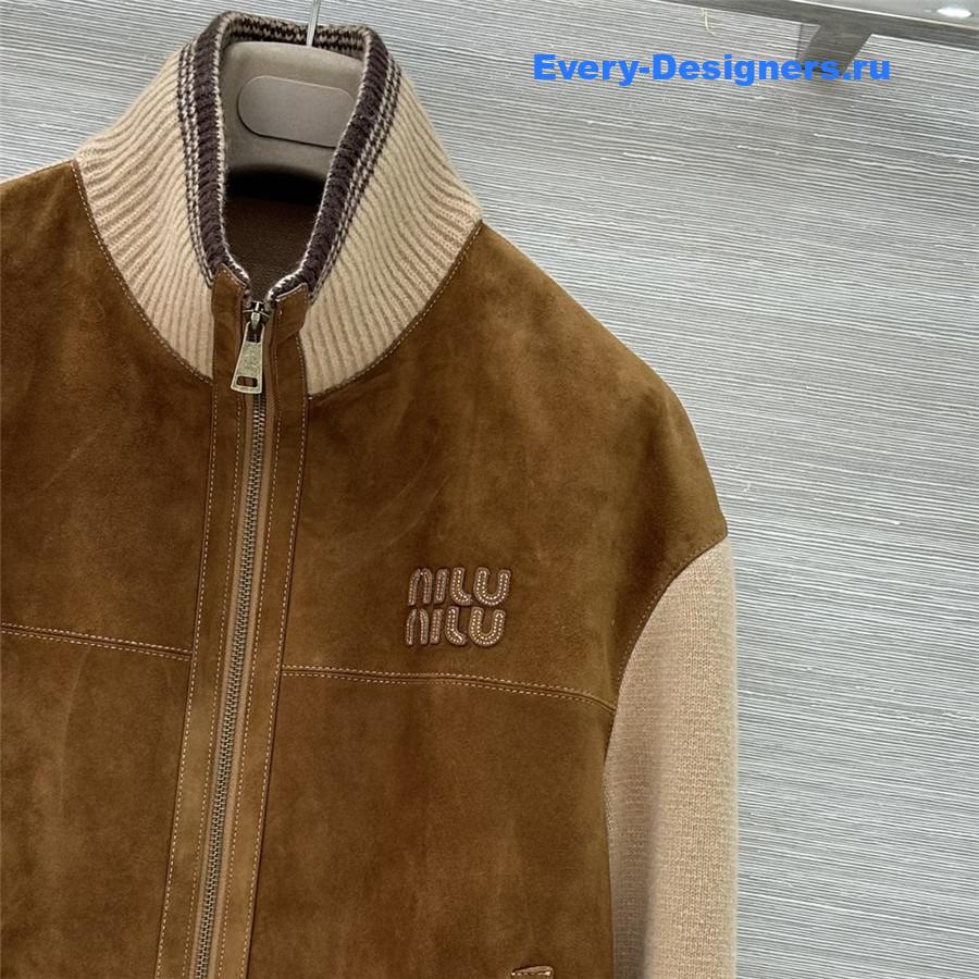 Miu Miu Camel Wool & Leather Zipper Cardigan Jacket