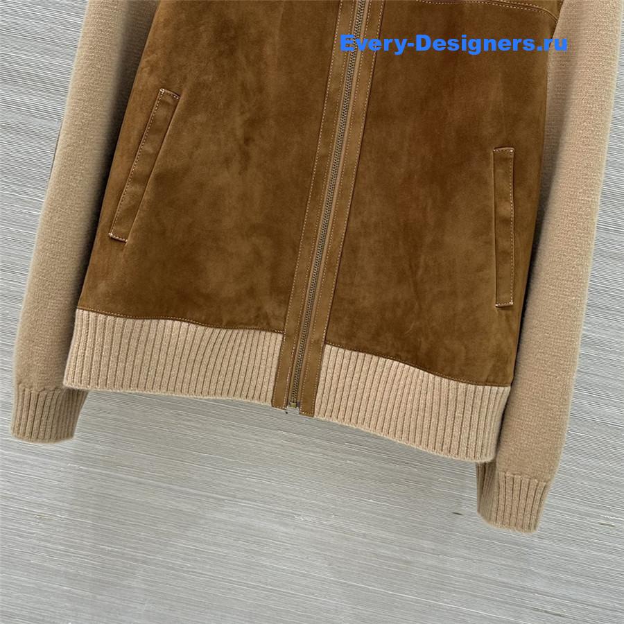 Miu Miu Camel Wool & Leather Zipper Cardigan Jacket
