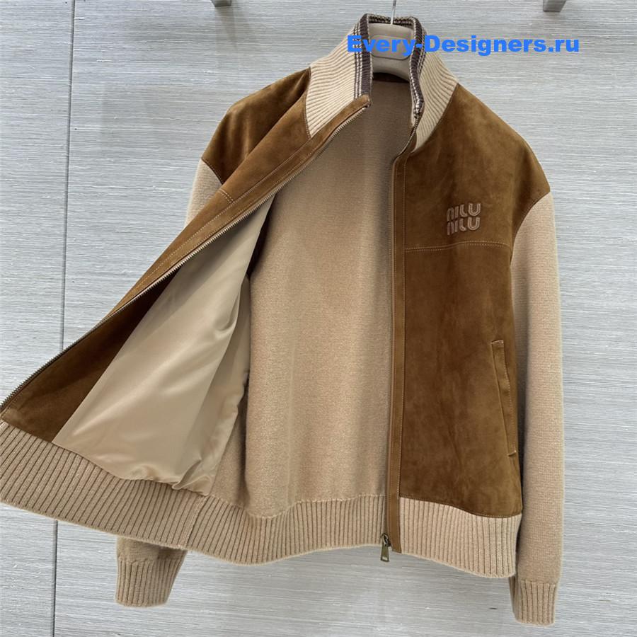 Miu Miu Camel Wool & Leather Zipper Cardigan Jacket