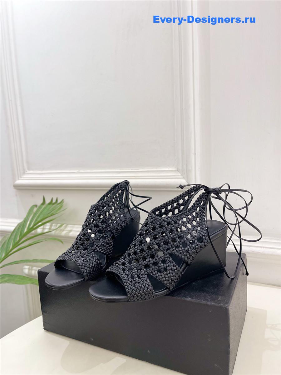Alaia Black Hollow Woven Wedge Sandals