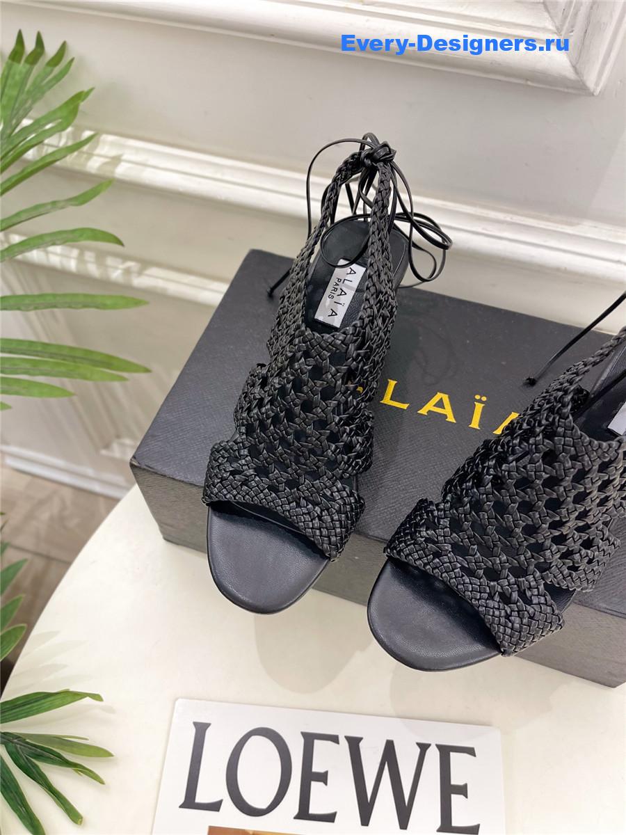 Alaia Black Hollow Woven Wedge Sandals
