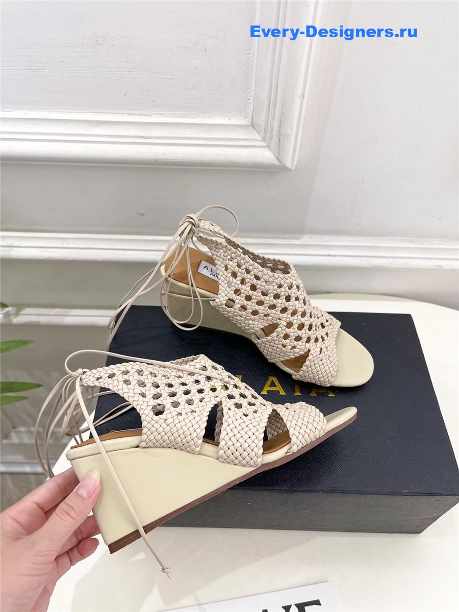 Alaia Milky White Hollow Woven Wedge Sandals