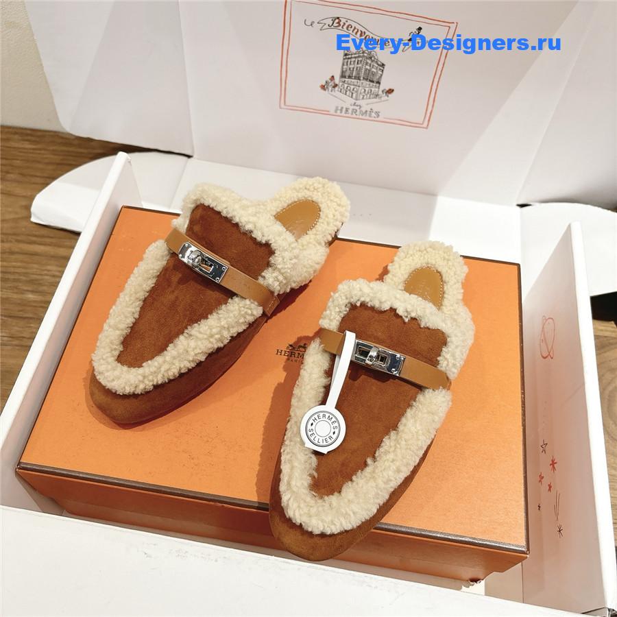 H**me5 brown oz shearling suede mules