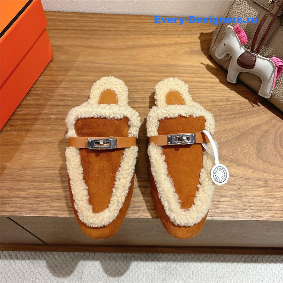 H**me5 brown oz shearling suede mules