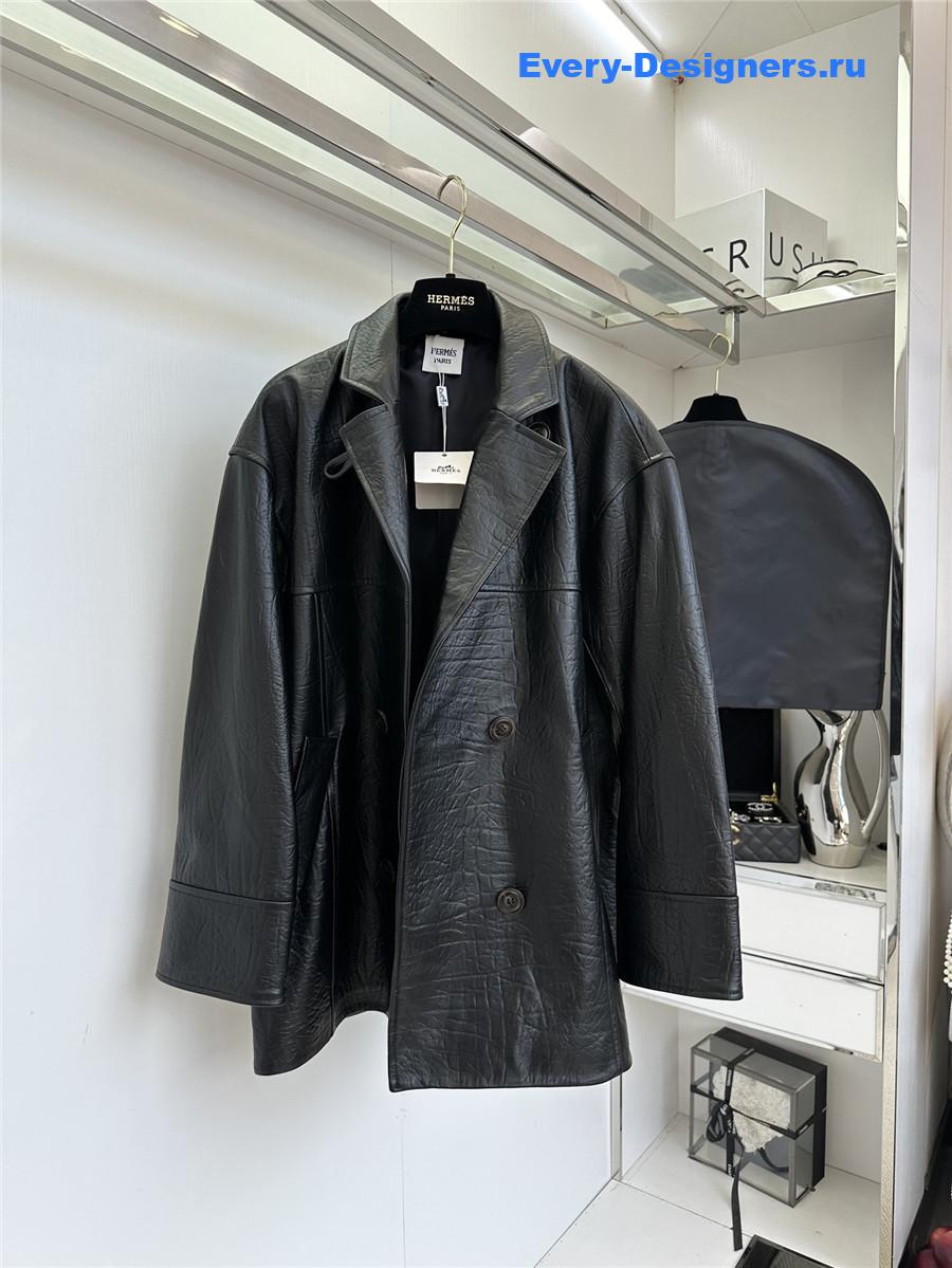 H**me5 long black leather jacket