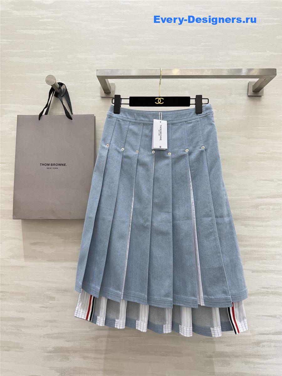 Thom Browne Denim Combo Dropped Back Pleated Skirt