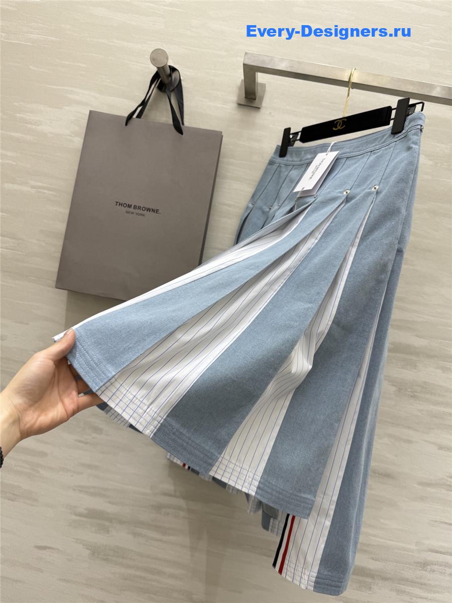Thom Browne Denim Combo Dropped Back Pleated Skirt