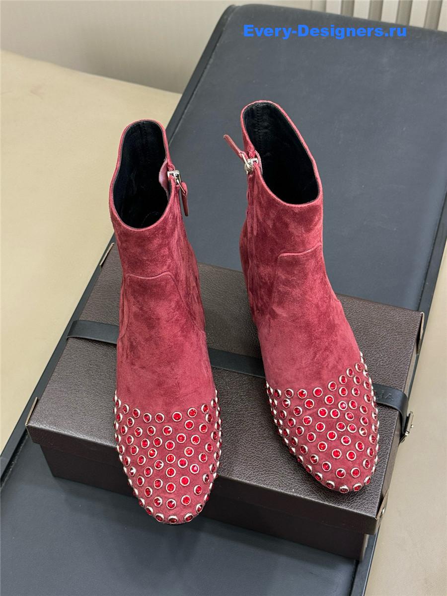 Alaïa Burgundy Suede Leather Crystal Ankle Boots