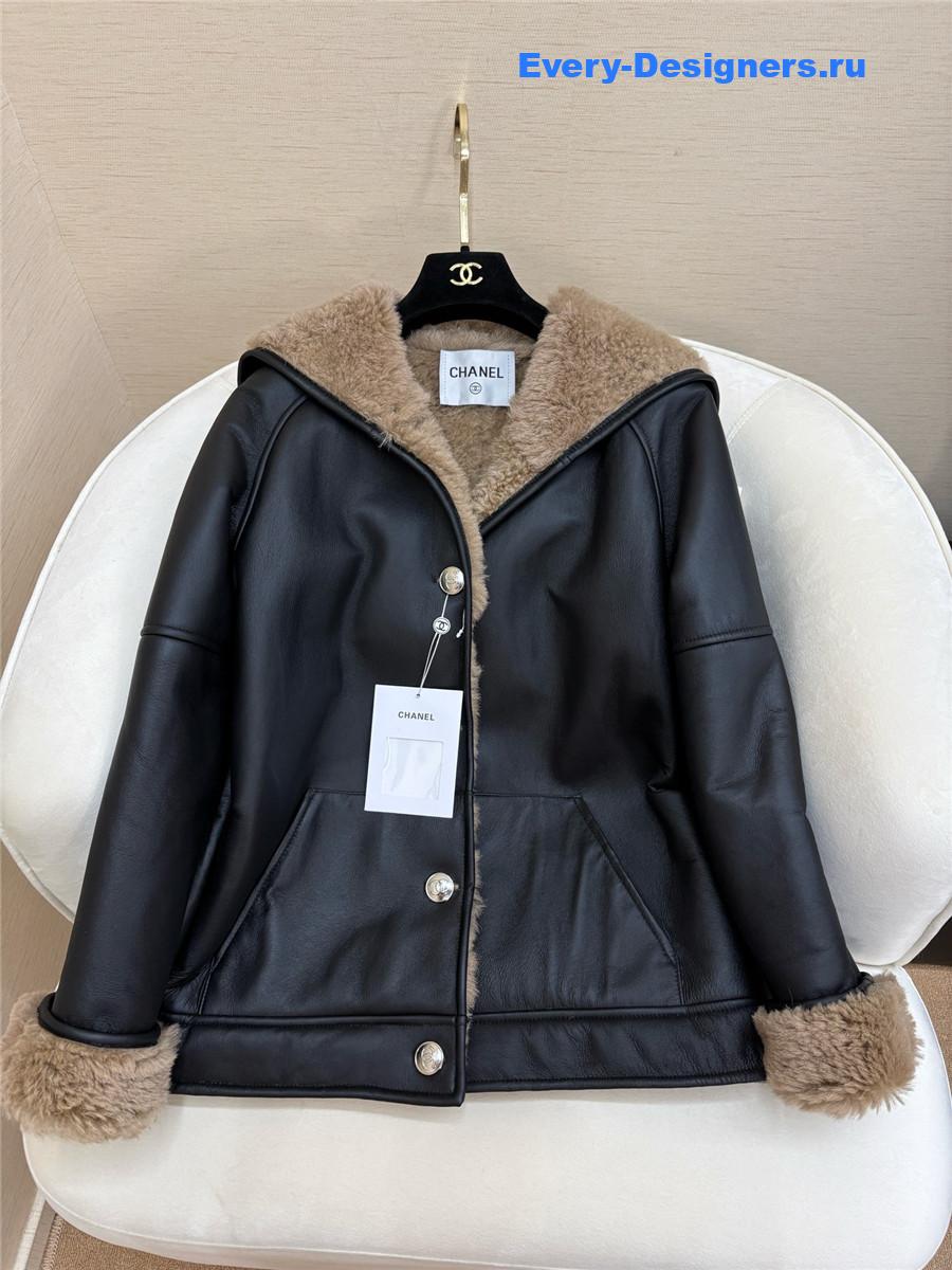 Ch**el black hooded shearling coat