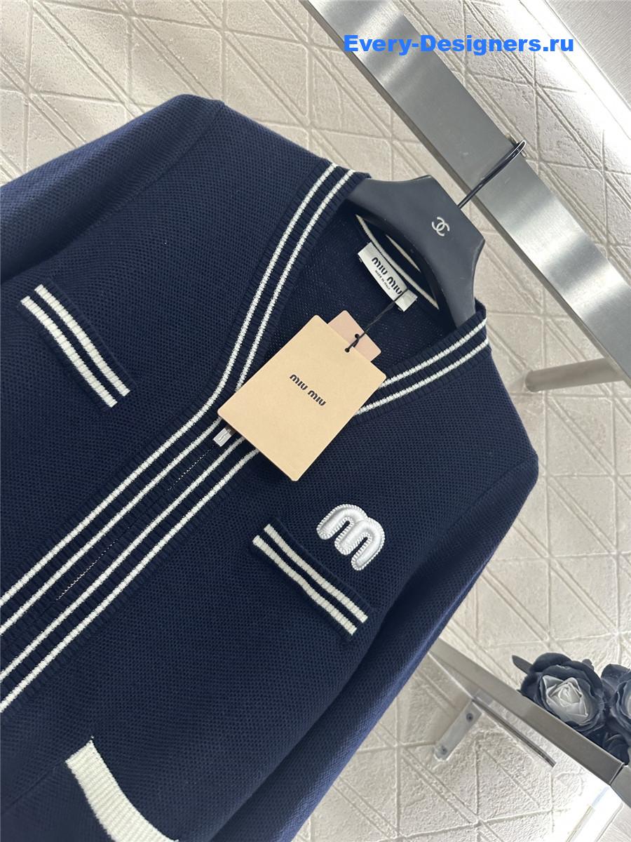 Miu Miu navy V-neck striped knitted cardigan