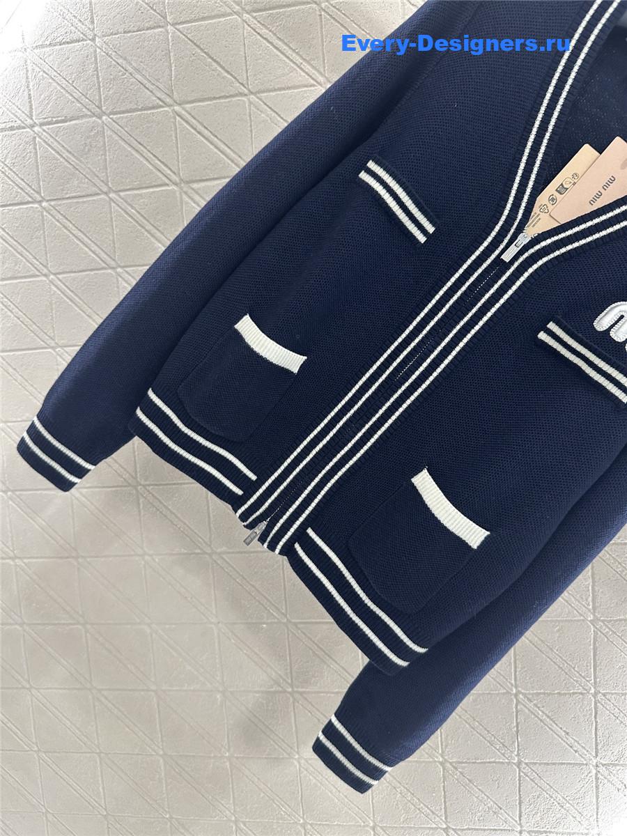 Miu Miu navy V-neck striped knitted cardigan