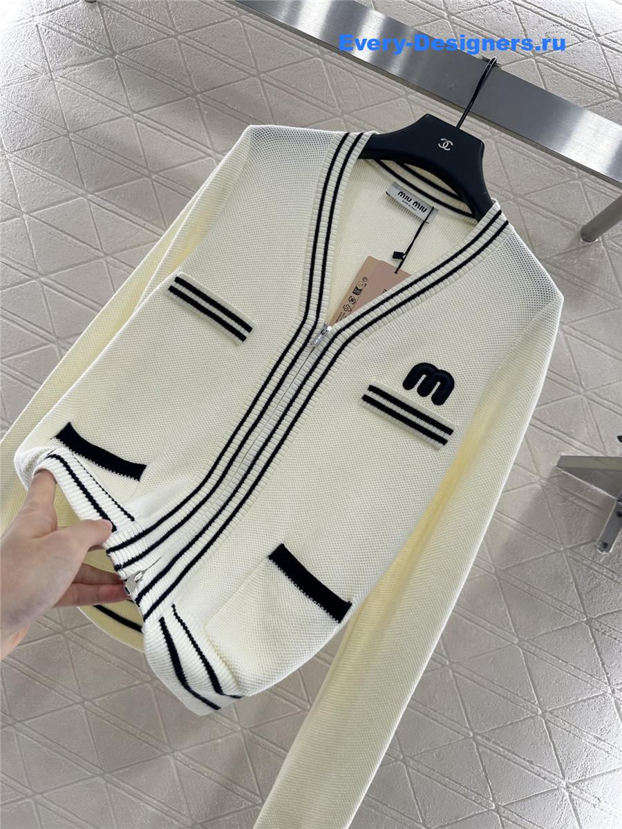 Miu Miu White V-neck striped knitted cardigan