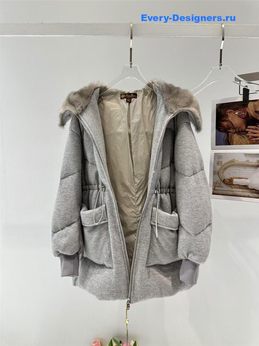 L0r0 P1ana gray mink cashmere crew neck hooded jacket