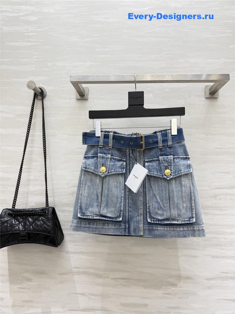 Balmain Blue Denim Skirt With Pockets