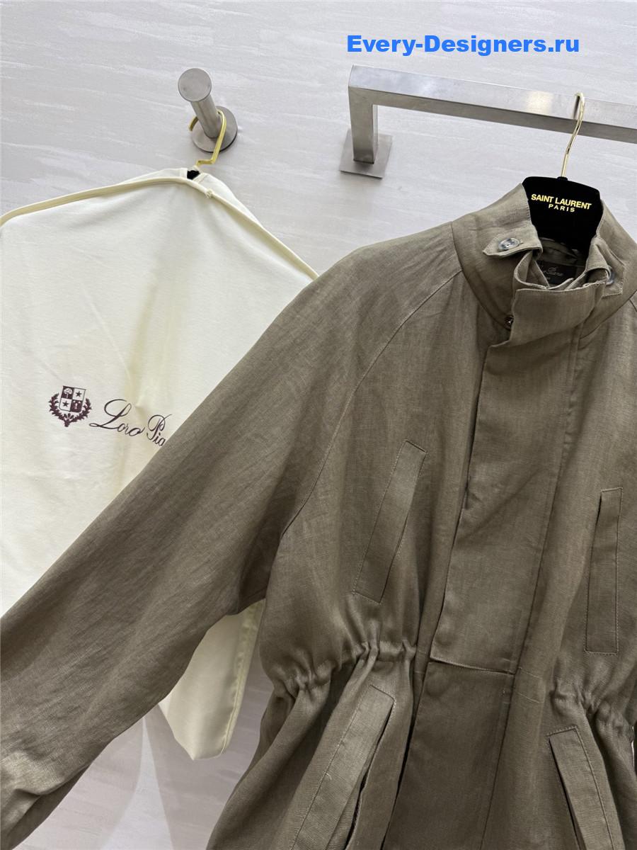 L0r0 P1ana green linen stand collar coat