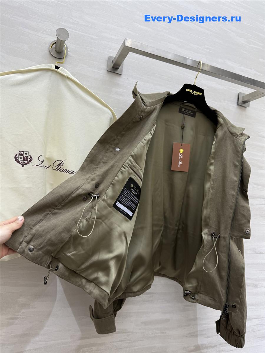 L0r0 P1ana green linen stand collar coat