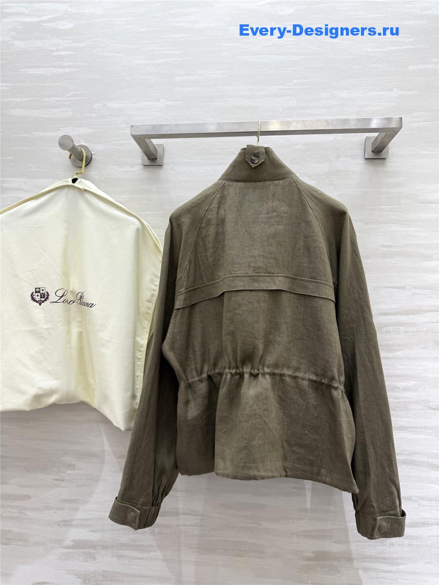 L0r0 P1ana green linen stand collar coat
