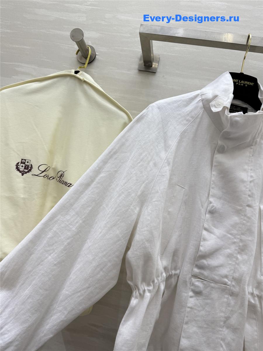 L0r0 P1ana white linen stand collar coat