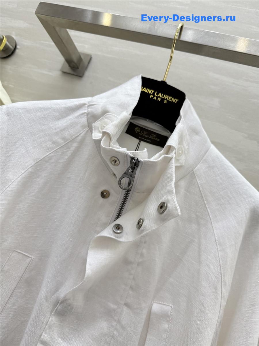 L0r0 P1ana white linen stand collar coat
