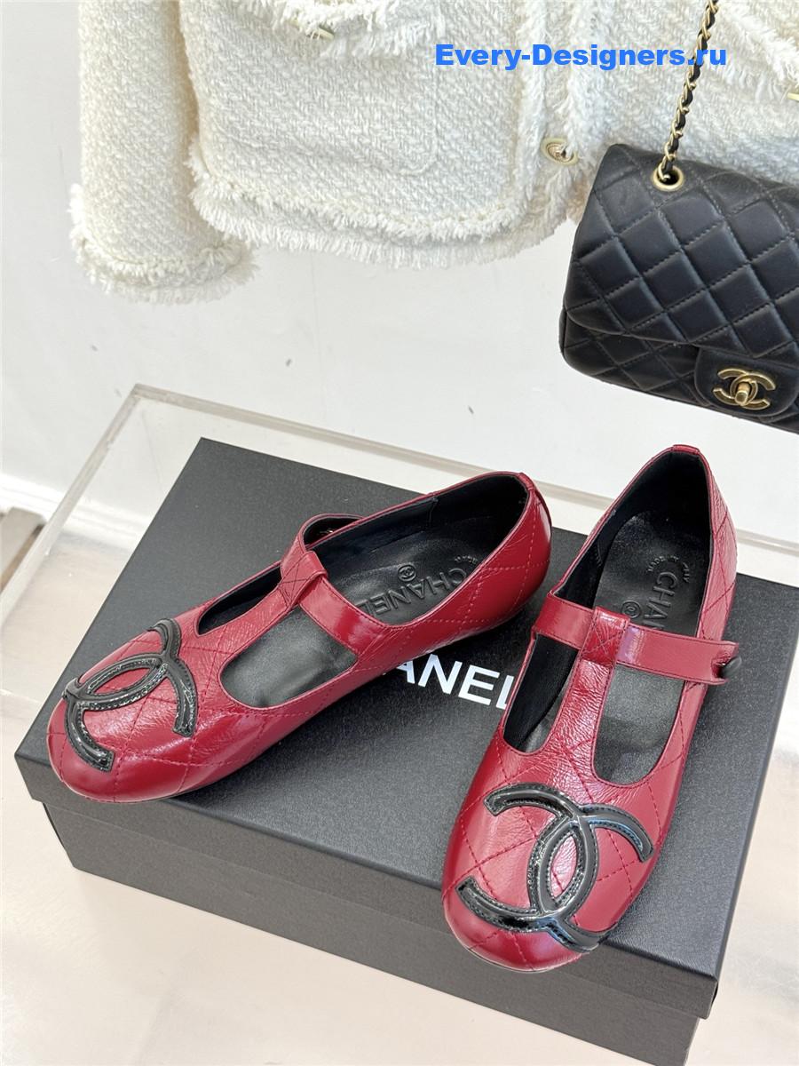 Ch**el burgundy cc t-strap ballet mary jane flats