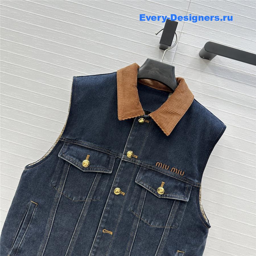 Miu Miu Navy Flocked Denim And Velvet Vest