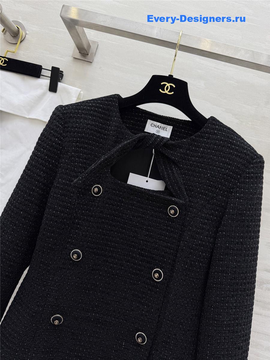 Ch**el black lace-up wool-woven soft tweed coat