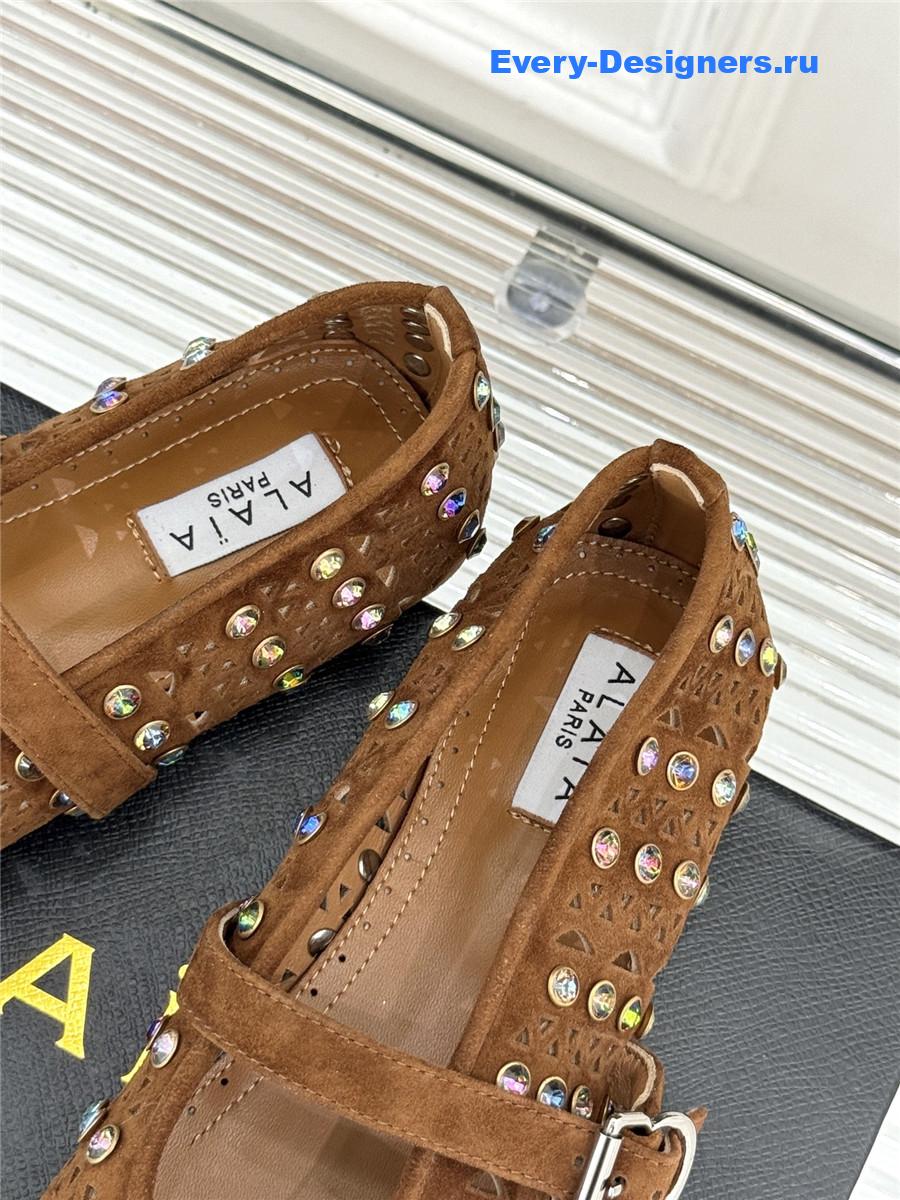 Alaia Crystal-embellished Brown suede ballet flats