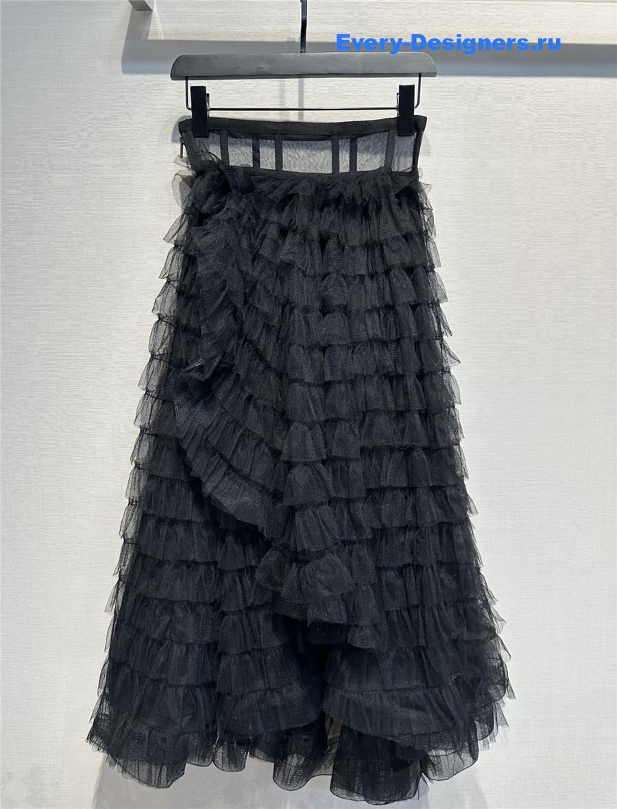D10r mesh woven tulle ruffle midi skirt
