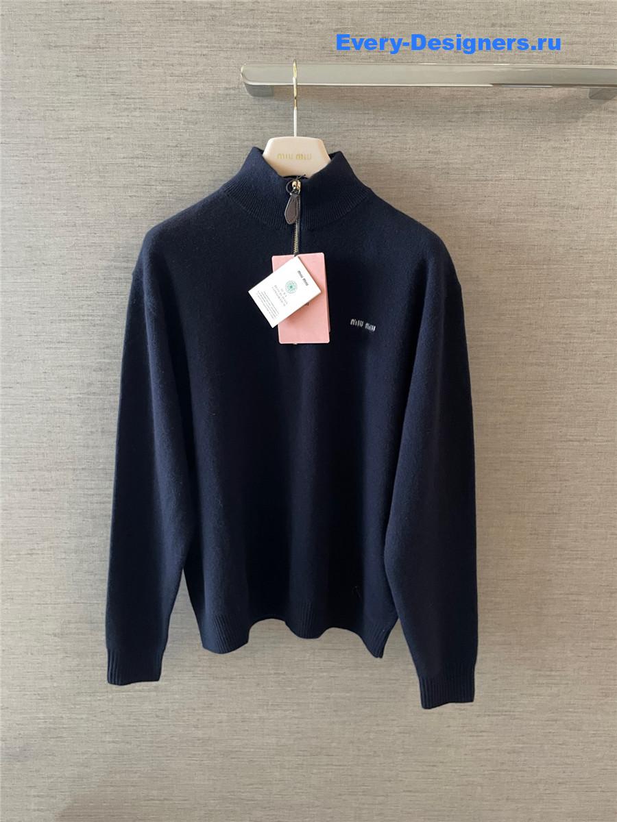 Miu Miu Navy Cashmere Leather Zipper Sweater