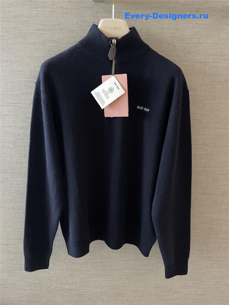 Miu Miu Navy Cashmere Leather Zipper Sweater