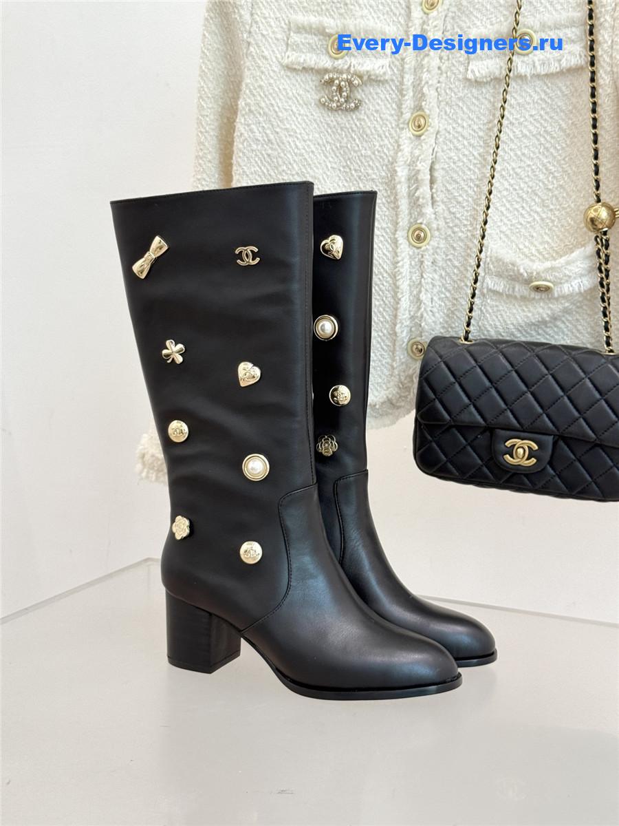Ch**el cc black leather high heel boots