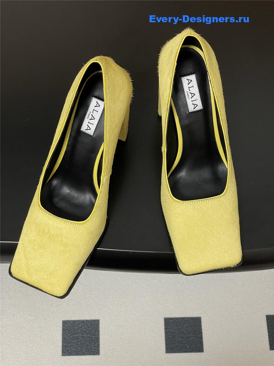 Alaia Yellow Block Heel Square Toe Pumps